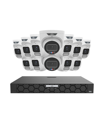 UNIVIEW IQ Series Security Kit: 2x 6MP TriGuard Alarm Turret + 10x 6MP OwlView Turret + 16CH NVR Active Deterrent unv-2x6mp-trit_10x6mp-owlt_16