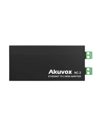 Sleek black Akuvox NC-2 2-Wire IP Network Switch with green terminal blocks for easy intercom upgrades.