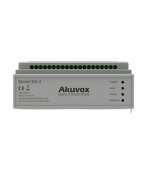 Sleek gray Akuvox NS-2 2-Wire IP Network Switch for seamless intercom upgrades, featuring power and network indicators.