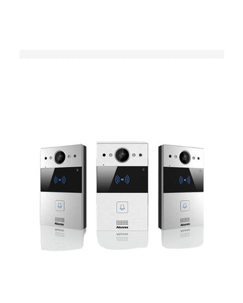Three AKUVOX R20A-2 palm-size 2-wire door phones, featuring a sleek silver and black design with a flush button and wide-angle camera.