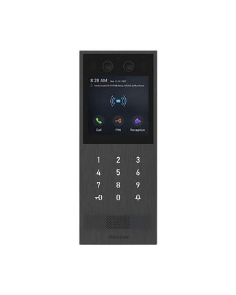 Sleek black AKUVOX X912S premium video doorphone with 4-inch color touchscreen, numeric keypad, and vandal-resistant design.