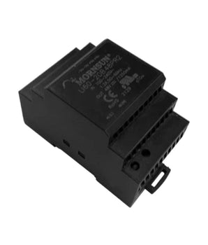 Black, compact DIN-rail mountable AKUVOX 48V power supply for NS-2 2-wire IP intercom systems.