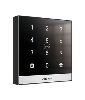 Sleek black AKUVOX IP A02 smart access control terminal with keypad, RFID reader, and silver trim.