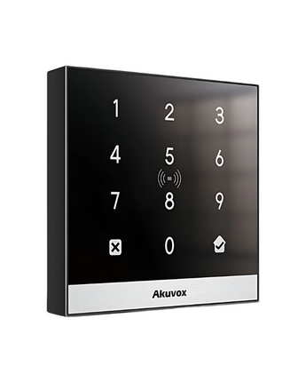 Sleek black AKUVOX IP A02 smart access control terminal with keypad, RFID reader, and silver trim.