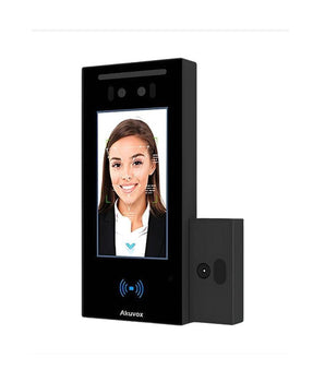 Sleek black AKUVOX A05C IP Bluetooth facial recognition access control reader with 5-inch display.