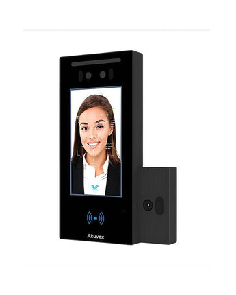 Sleek black AKUVOX A05C IP Bluetooth facial recognition access control reader with 5-inch display.