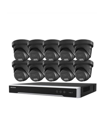 HIKVISION Security Kit 10x 8MP Black Turret Smart Hybrid ColorVu Liveguard 4CH NVR HDD