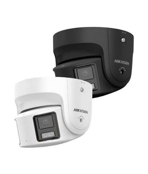 Two Hikvision security cameras on a white background