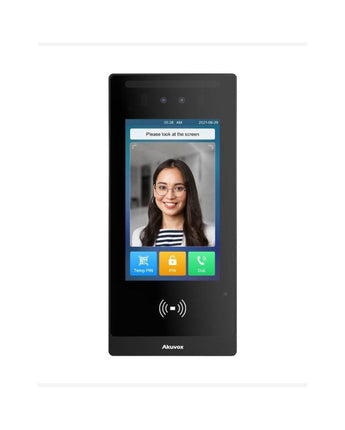 Sleek black AKUVOX E18C 7" LCD facial recognition door station with touchscreen, dual cameras, and access options.
