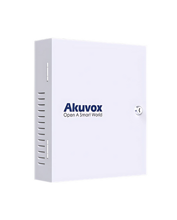 Sleek white Akuvox EC33 IP-based elevator access controller with blue logo and key lock, enhancing building security.