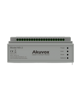 Sleek gray Akuvox NS-2 2-Wire IP Network Switch for seamless intercom upgrades, featuring power and network indicators.