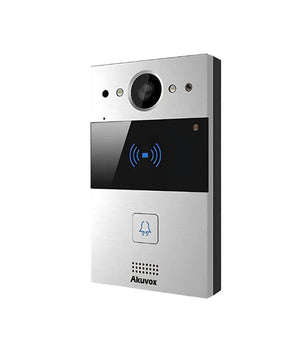 Sleek AKUVOX R20A-2 palm-size 2-wire door phone with silver vandal-resistant body, wide-angle camera, and IC/ID card reader.