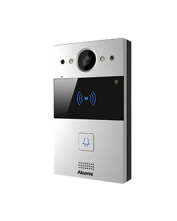 Sleek AKUVOX R20A-2 palm-size 2-wire door phone with silver vandal-resistant body, wide-angle camera, and IC/ID card reader.