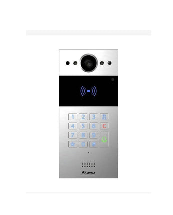 Slim AKUVOX R20K SIP Keypad Video Door Phone, brushed aluminum alloy with numeric keypad, camera, and RF reader.