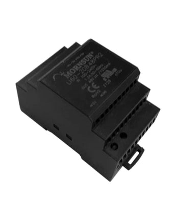 Compact black DIN-rail mountable 48V DC power supply for AKUVOX NS-2, crafted from flame-retardant plastic.